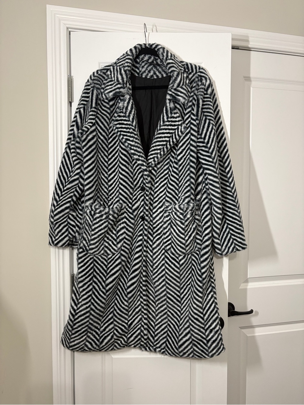 Vici Black & White Chevron Faux Fur Trench Coat
